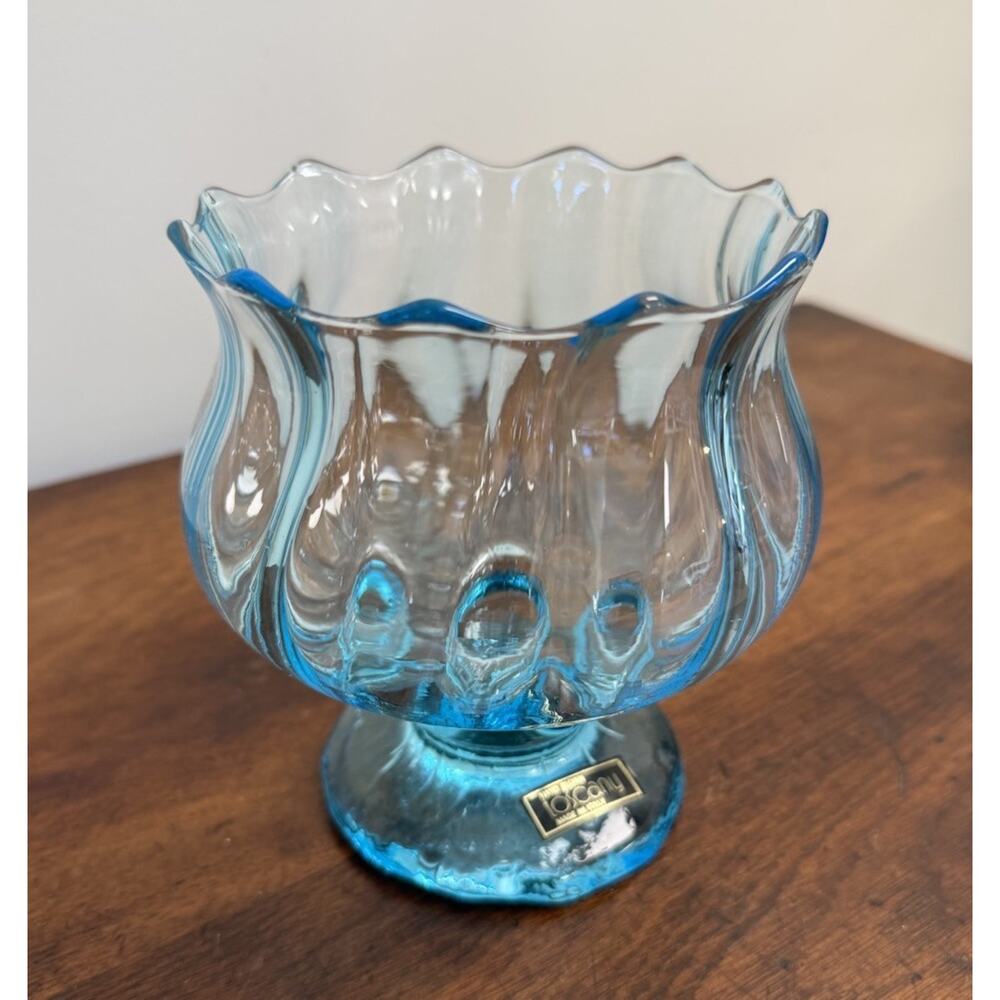Vintage Toscany Italy Hand Blown Aqua Blue Art Glass Footed Bowl Compote 6" - Picture 4 of 10